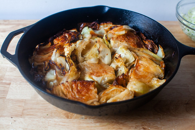 Roasted chicken served with cabbage cooked in chicken fat