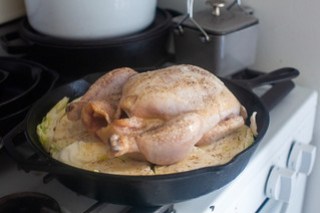 Roasted chicken served with cabbage cooked in chicken fat